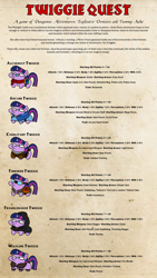 Size: 1920x3400 | Tagged: safe, artist:velgarn, twilight sparkle, unicorn twilight, unicorn, adventurer, alchemist, armor, bag, cloak, clothes, combatant, crossover, fantasy class, female, fighter, fur mantle, glasses, goggles, hero quest, mare, parody, potion, rogue, saddle bag, scarf, silly, spell caster, style emulation, tabletop game, tinkerer, twiggie, twiggie quest, wildling, wizard