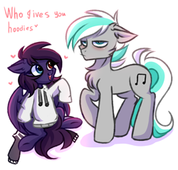 Size: 3000x2872 | Tagged: safe, artist:pesty_skillengton, oc, oc:pestyskillengton, oc:silvernote, earth pony, pegasus, clothes, cute, female, hoodie, love, male, mare, stallion, text