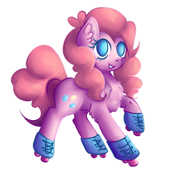 Size: 4374x4290 | Tagged: safe, artist:coco-drillo, derpibooru import, pinkie pie, earth pony, pony, chest fluff, colourful, ear fluff, natg2020, newbie artist training grounds, roller skates, rollerblades, rolling, simple background, smiling, solo, sports