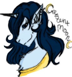 Size: 568x616 | Tagged: safe, artist:neuroticsoulgobbler, oc, oc only, oc:crescent moon, anthro, unicorn, bust, clothes, female, horn, solo, text, unicorn oc