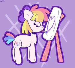 Size: 1966x1802 | Tagged: safe, artist:spritecranbirdie, toola roola, earth pony, pony, g3, canvas, cute, cutie mark, eyes closed, female, heart, mare, mouth hold, paintbrush, painting, profile, roolabetes, simple background, solo