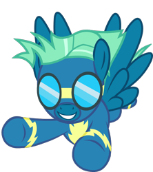 Size: 1000x1124 | Tagged: safe, artist:mantisprayer, sky stinger, pegasus, pony, clothes, flying, goggles, male, simple background, smiling, solo, stallion, transparent background, uniform, wonderbolts uniform