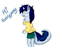 Size: 1024x768 | Tagged: safe, artist:crescentpony, oc, oc only, oc:crescent moon, anthro, unicorn, arm hooves, chest fluff, clothes, ear piercing, female, horn, one eye closed, piercing, simple background, solo, speech, unicorn oc, white background, wink