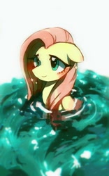 Size: 640x1024 | Tagged: safe, artist:jojofassbender, derpibooru import, fluttershy, pegasus, pony, blushing, bust, cute, female, floppy ears, folded wings, mare, portrait, shyabetes, solo, three quarter view, water, wings