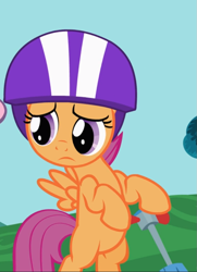 Size: 677x937 | Tagged: safe, screencap, scootaloo, the cutie pox, cropped, cute, frown, helmet, sad, sadorable, scooter, solo