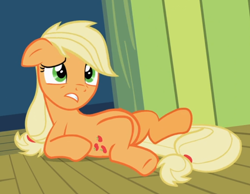 Size: 826x642 | Tagged: safe, derpibooru import, screencap, applejack, earth pony, pony, the cutie pox, belly, cropped, lying down, on back, solo