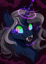 Size: 1750x2450 | Tagged: safe, artist:slimeprnicess, oc, oc only, pony, unicorn, fangs, magic, magic aura, solo, sombra eyes