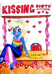 Size: 2322x3316 | Tagged: safe, artist:liaaqila, oc, oc only, oc:azure/sapphire, equestria girls, crossdressing, femboy, genderfluid pride flag, kissing booth, male, pansexual pride flag, pride, pride dress, pride flag