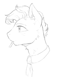 Size: 1361x1854 | Tagged: safe, artist:3-gon, artist:draw3, pony, bust, cigarette, male, monochrome, necktie, side view, simple background, sketch, solo, stallion, white background