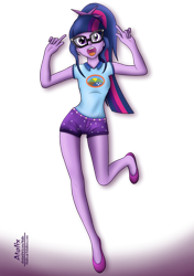 Size: 903x1280 | Tagged: safe, artist:atalix, sci-twi, twilight sparkle, equestria girls, 2010s, 2019, base used, beautiful, beautisexy, camp everfree outfits, clothes, denim shorts, flats, glasses, happy, legs, multicolored hair, open mouth, ponytail, purple eyes, purple skin, sexy, shirt, shoes, shorts, simple background, skunk stripe, solo, t-shirt, transparent background, watermark