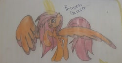 Size: 1360x709 | Tagged: artist needed, source needed, safe, scootaloo, alicorn, pony, alicornified, happy, large wings, older, older scootaloo, one hoof raised, pencil drawing, photo, race swap, scootacorn, traditional art, wings