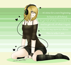 Size: 2179x2000 | Tagged: safe, artist:theblackcatstale, oc, oc only, oc:july winters, human, clothes, female, glasses, headphones, humanized, simple background, sitting, socks, striped socks, text, transparent background