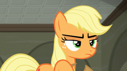 Size: 1920x1080 | Tagged: safe, derpibooru import, screencap, applejack, earth pony, pony, the saddle row review, bedroom eyes, cowgirl, freckles, green eyes, solo