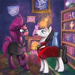 Size: 2048x2048 | Tagged: safe, artist:pfeffaroo, chancellor neighsay, princess platinum, tempest shadow, pony, unicorn, book, bookshelf, bust, cloak, clothes, female, fireplace, frame, globe, glowing horn, horn, male, portrait, rug, shipping, statue, straight, tempest neighsay, vase