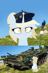 Size: 1080x1628 | Tagged: safe, artist:kotwitz, derpibooru exclusive, edit, oc, oc only, oc:aria taitava, unicorn, beret, blonde, brush, ear fluff, fluffy, hair bun, hat, photo, sitting, smiling, stridsvagn 103, swedish, tank (vehicle), vandalism, world of tanks