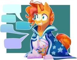 Size: 1361x1066 | Tagged: safe, artist:ditzydoggy, sunburst, pony, unicorn, cloak, clothes, dialogue box, glasses, lgbt headcanon, pride, pride flag, robe, sitting, solo, sunburst's robe, transgender pride flag, word balloon