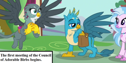 Size: 834x417 | Tagged: safe, edit, edited screencap, screencap, gabby, gallus, silverstream, dragon dropped, bag, birb, cropped, cute, diastreamies, gabbybetes, gallabetes, inset, jewelry, mailbag, necklace, ponyville, saddle bag, text