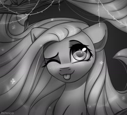 Size: 1669x1500 | Tagged: safe, artist:reterica, derpibooru import, fluttershy, pegasus, pony, bust, female, grayscale, happy, leaf, looking at you, mare, monochrome, noir, one eye closed, smiling, solo, tongue out, tree, wink