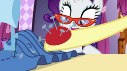 Size: 1920x1080 | Tagged: safe, derpibooru import, screencap, fluttershy, rarity, pegasus, pony, unicorn, dragon dropped, glasses, pincushion, rarity's glasses, sewing machine