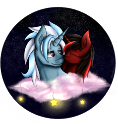 Size: 2390x2509 | Tagged: safe, artist:hilis, oc, oc:anzu, oc:ice storm, unicorn, cloud, duo, female, male, oc x oc, red and black oc, shipping, stars, straight