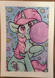 Size: 400x561 | Tagged: safe, artist:marybellamy, minty bubblegum, unicorn, bubblegum, commission, female, food, gum, solo, traditional art, watercolor painting