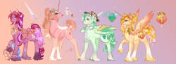 Size: 2610x965 | Tagged: safe, artist:bunnari, oc, oc:chevalier rose, oc:fleur d'miel, oc:peach gloss, oc:wintergreen pomme, alicorn, earth pony, pegasus, pony, unicorn, female, hat, magical lesbian spawn, male, mare, offspring, parent:applejack, parent:fleur-de-lis, stallion