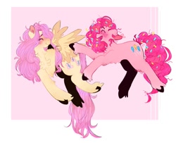 Size: 1491x1209 | Tagged: safe, artist:ghoztype, derpibooru import, fluttershy, pinkie pie, earth pony, pegasus, pony, blushing, eyes closed, female, flutterpie, flying, jumping, lesbian, open mouth, shipping