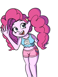 Size: 1200x1600 | Tagged: safe, artist:an_anon_artist, derpibooru exclusive, idw, pinkie pie, equestria girls, spoiler:comic, spoiler:comicequestriagirlsmarchradness, alternate hairstyle, clothes, cute, diapinkes, midriff, pigtails, shorts, solo, sports bra, sports shorts