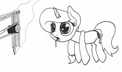 Size: 2048x1224 | Tagged: safe, artist:ewoudcponies, oc, pony, unicorn, chopsticks, drool, eyes on the prize, food, horn, lineart, monochrome, sushi, unicorn oc, wide eyes