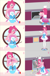 Size: 2000x3000 | Tagged: safe, artist:lzh, derpibooru exclusive, pinkie pie, equestria girls, apron, cake, clothes, comic, female, food, old master q, pinkamena diane pie, rock, window