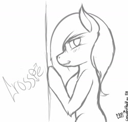 Size: 1280x1217 | Tagged: safe, artist:crescentpony, oc, oc only, earth pony, pony, earth pony oc, female, lineart, mare, monochrome, signature, smiling, solo