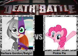 Size: 900x643 | Tagged: safe, artist:muscle-tone-01, derpibooru import, pinkie pie, earth pony, pony, barbara gordon, batgirl, dc superhero girls, death battle, exploitable meme, meme