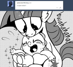 Size: 896x828 | Tagged: safe, artist:mamatwilightsparkle, spike, twilight sparkle, dragon, pony, unicorn, comic, crying, happy, laughing, mama twilight, mama twilight sparkle, monochrome, spikelove, tears of laughter, tickling, tumblr