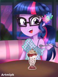 Size: 1536x2048 | Tagged: safe, artist:artmlpk, sci-twi, twilight sparkle, equestria girls, adorable face, adorkable, alternate hairstyle, beach, bush, chair, clothes, cute, design, dork, flower, flower in hair, food, holding, ice cream, looking at you, night, ocean, open mouth, ponytail, seat, smiling, smiling at you, solo, spoon, stars, sundae, swimsuit, table, tropical, twiabetes, vacation