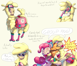 Size: 1011x879 | Tagged: safe, artist:firefanatic, derpibooru import, arizona cow, paprika paca, pinkie pie, alpaca, cow, earth pony, pony, them's fightin' herds, alternate design, alternate hairstyle, bag, blushing, boots, bow, calf, embarrassed, goggles, group hug, hair tie, hug, indignant, saddle bag, shoes