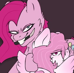 Size: 636x632 | Tagged: safe, alternate version, artist:dj_the_animator, derpibooru import, fluttershy, pinkie pie, earth pony, pegasus, pony, duo, female, knife, mare, mouth hold, pinkamena diane pie, smiling