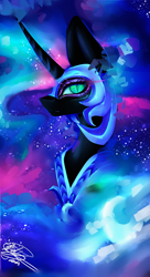 Size: 1024x1886 | Tagged: safe, artist:purediamond360, nightmare moon, alicorn, pony, digital art, female, helmet, mare, signature, slit eyes, solo