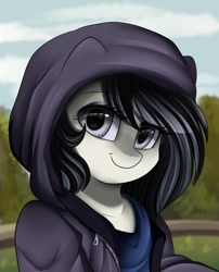 Size: 803x994 | Tagged: safe, artist:pridark, oc, oc only, oc:lodey darkshine, anthro, earth pony, bust, clothes, commission, cute, earth pony oc, eyeshadow, female, grass, hoodie, looking at you, makeup, outdoors, sky, smiling, solo