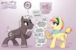 Size: 1085x713 | Tagged: safe, artist:redadillio, oc, oc only, oc:rough draft, oc:sid fony, dog, earth pony, pony, unicorn, cringing, criticism, cutie mark, digital art, female, horn, male, mare, speech bubble, stallion, text