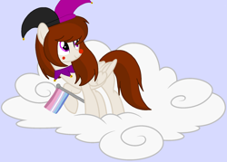 Size: 1878x1347 | Tagged: safe, artist:circuspaparazzi5678, oc, oc:april fools, pegasus, pony, april fools pony, base used, bigender, bigender pride flag, clown nose, hat, jester hat, jester pony, pride, pride flag, pride month, solo