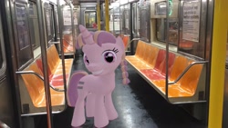 Size: 2720x1532 | Tagged: safe, artist:topsangtheman, pony, unicorn, 3d, bacon braids, irl, looking at you, new york city, new york city subway, photo, ponies in real life, source filmmaker