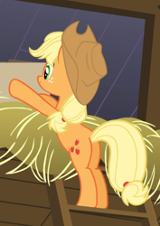 Size: 646x912 | Tagged: safe, derpibooru import, screencap, applejack, earth pony, pony, apple family reunion, box, butt, cropped, female, ladder, plot, rear view, solo