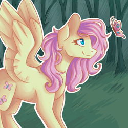 Size: 2000x2000 | Tagged: safe, artist:flaming-trash-can, derpibooru import, fluttershy, butterfly, pegasus, pony, female, forest, looking at something, looking up, mare, outdoors, outline, profile, sidemouth, smiling, solo, spread wings, standing, white outline, wings