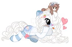 Size: 1024x681 | Tagged: safe, artist:inkyy-kiwi, oc, oc only, oc:lilith (inkyy-kiwi), oc:primrose, pony, base used, clothes, deviantart watermark, female, mare, obtrusive watermark, plushie, prone, simple background, socks, striped socks, tongue out, transparent background, watermark