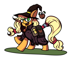 Size: 6000x5000 | Tagged: safe, artist:hymyt2, derpibooru import, applejack, earth pony, pony, bag, hat, saddle bag, simple background, solo, tail wrap, transparent background, witch costume, witch hat