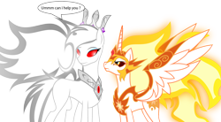 Size: 2736x1505 | Tagged: safe, artist:somashield, daybreaker, oc, oc:pandora, alicorn, earth pony, pony, collar, crown, cutie mark, digital art, female, horn, jealous, jewelry, looking at each other, mare, regalia, simple background, size difference, speech bubble, standing, text, transparent background, wings