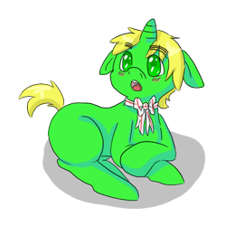 Size: 400x400 | Tagged: safe, artist:ask-pony-gerita, pony, unicorn, blushinig, bowtie, colt, hetalia, looking at something, male, open mouth, ponified, prone, simple background, smiling, solo, transparent background