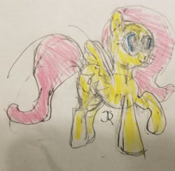 Size: 1978x1932 | Tagged: safe, artist:joeydr, derpibooru import, fluttershy, pegasus, pony, female, mare, missing cutie mark, raised hoof, signature, simple background, solo, spread wings, traditional art, white background, wings