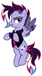 Size: 1550x2800 | Tagged: safe, artist:binakolombina, oc, oc only, oc:brie spacer, pegasus, pony, clothes, crossed arms, eyeshadow, female, flying, jacket, leather jacket, lip piercing, makeup, mare, multicolored hair, piercing, ring, shirt, simple background, smug, solo, t-shirt, transparent background