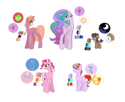 Size: 1024x836 | Tagged: safe, artist:pegasister64, oc, oc only, alicorn, earth pony, unicorn, color palette, colt, cutie mark, female, magical lesbian spawn, male, mare, offspring, parent:big macintosh, parent:pinkie pie, parent:pipsqueak, parent:pokey pierce, parent:princess celestia, parent:princess luna, parent:starlight glimmer, parent:sunburst, parent:twilight sparkle, parents:lunapip, parents:pokeypie, parents:starburst, parents:twilestia, parents:twimac, simple background, stallion, transparent background